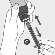 Connecting syringe C and pulling the plunger to measure the dose.